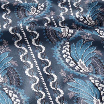 100% LINEN Fabric Vintage floral squirl stripe print - Modern botanical - Victorian Art Craft blue 2960