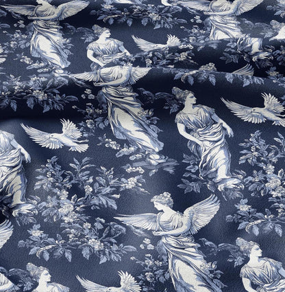 100% LINEN Fabric block print Greek Goddesses - white linen fabric with indigo blue print - heavy linen fabric for upholstery home decor