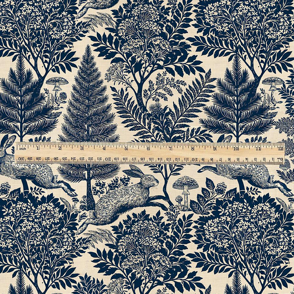 100% LINEN Fabric Woodland - Navy blue beige floral print with Rabbit bunny Neutral Fabric by the Yard by LithuanianLinen 3871
