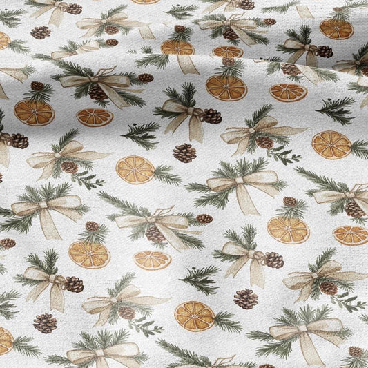 100% LINEN Fabric Christmas print - modern vintage fir orange bow fabric for upholstery or home decor 2824