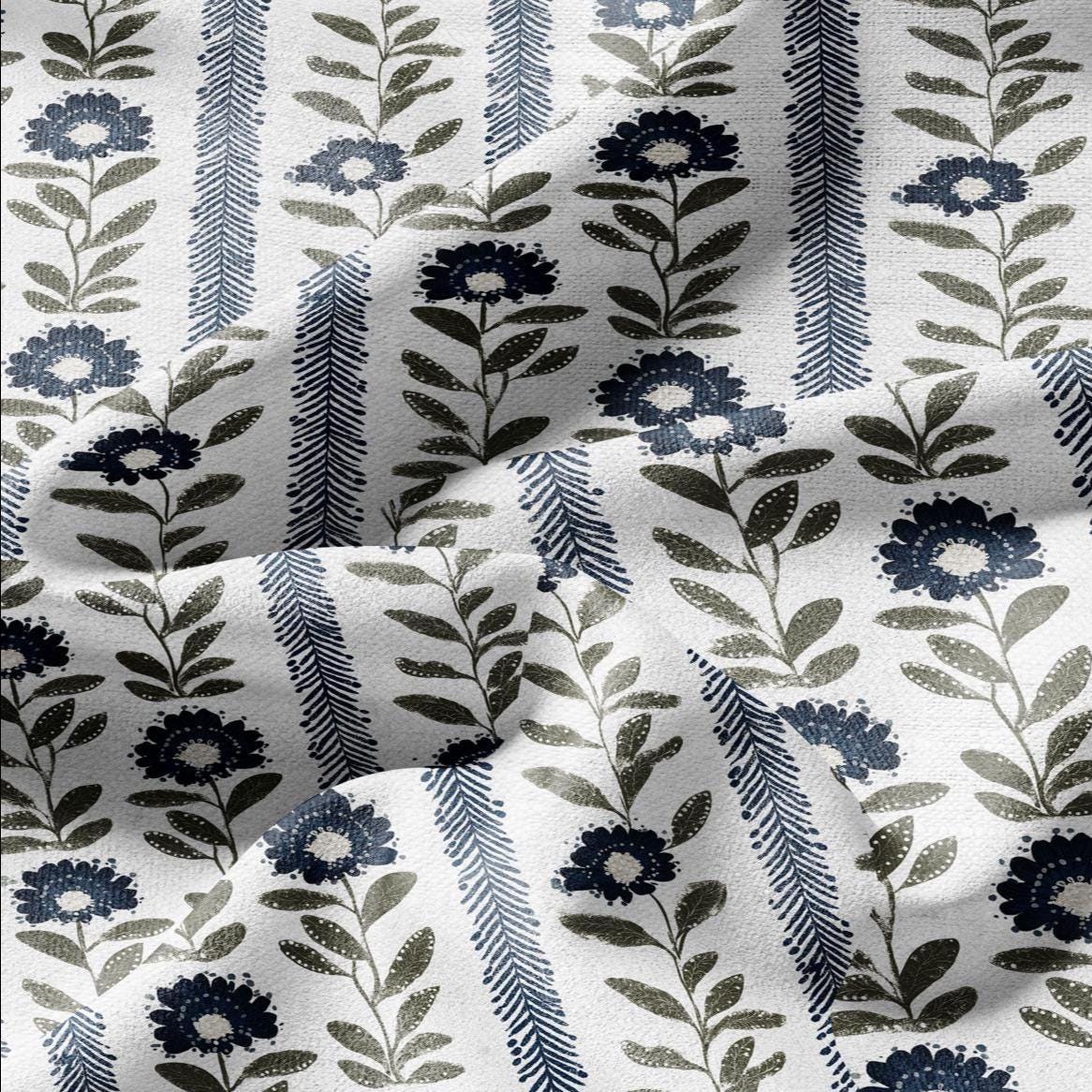 100% LINEN Fabric Floral stripe print green blue - floral upholstery home textile artisan fabrics blue green white 3126