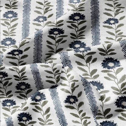 100% LINEN Fabric Floral stripe print green blue - floral upholstery home textile artisan fabrics blue green white 3126