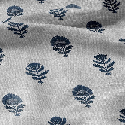100% LINEN Fabric blue flower -  indian floral block print on oatmeal linen for home decor sewing dress clothing 2916