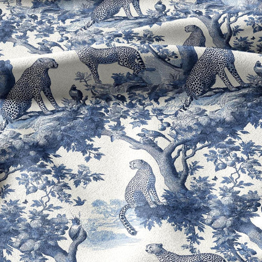 100% linen fabric Leopard print - Vintage toile de jouy blue botanical  - Historical pattern upholstery dress making 3343