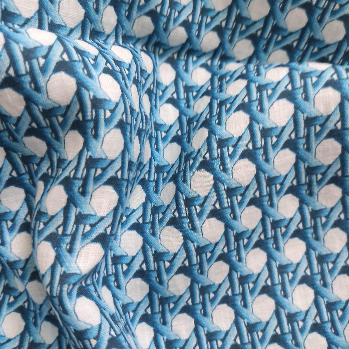 100% LINEN Fabric Blue bamboo trellis - botanical textile artisan fabrics blue white 3687