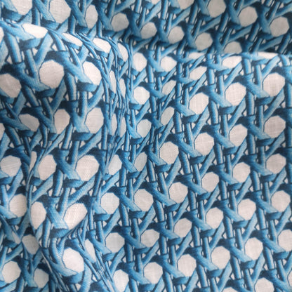 100% LINEN Fabric Blue bamboo trellis - botanical textile artisan fabrics blue white 3687