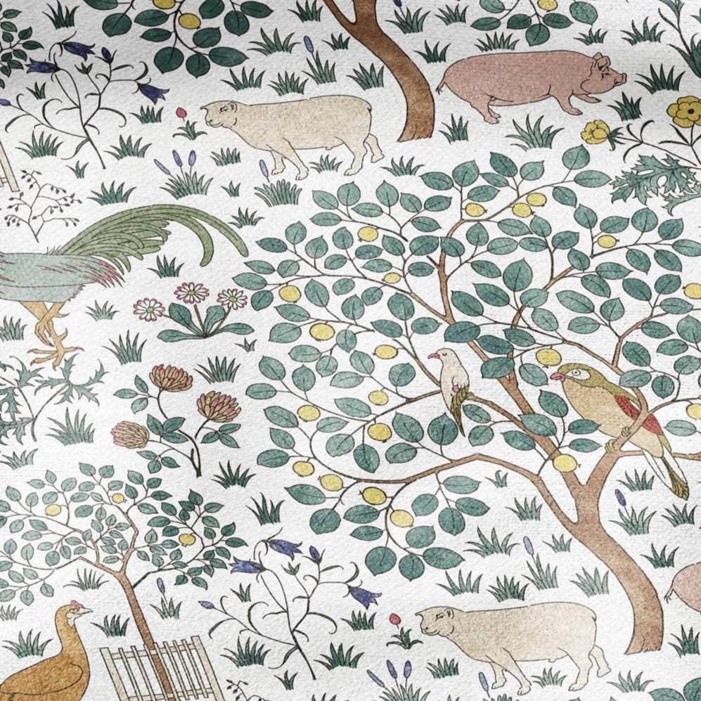 100% linen fabric - In my orchard by Voysey - rooster pig bird tree - Victorian Art crafts - Historical pattern home decor dress making 3005