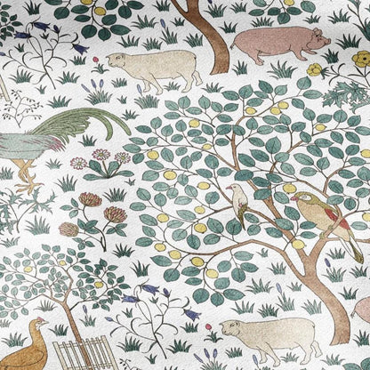100% linen fabric - In my orchard by Voysey - rooster pig bird tree - Victorian Art crafts - Historical pattern home decor dress making 3005