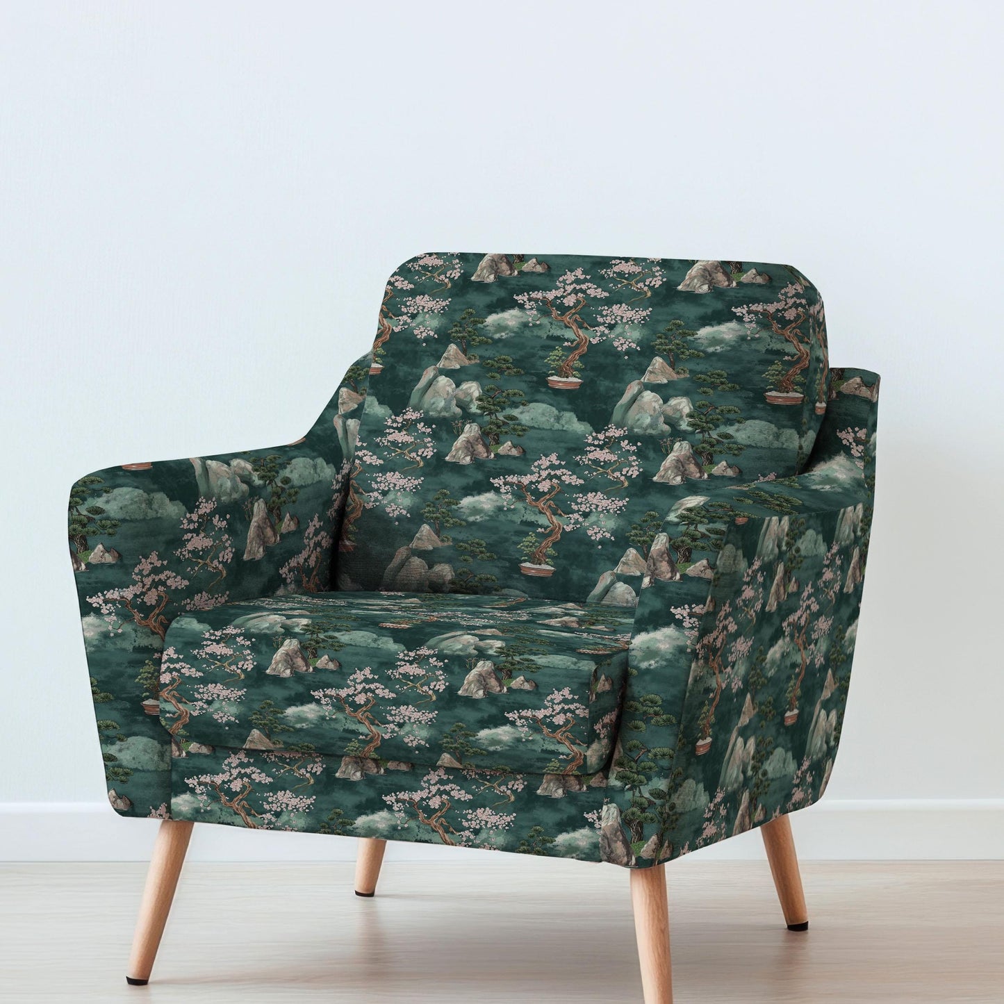 100% LINEN Fabric UPHOLSTERY 12oz - Zen garden green pink print on linen 2091 - Japanese oriental scenery