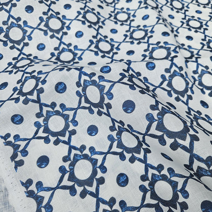 100% LINEN Fabric block print indigo blue on white - linen fabric with blue floral print  heavy linen fabric for upholstery home decor