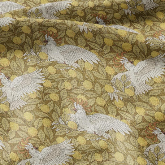 100% linen Vintage Cockatoos fabric for Curtain Upholstery Cushion - yellow white print fabric for dress making sewing