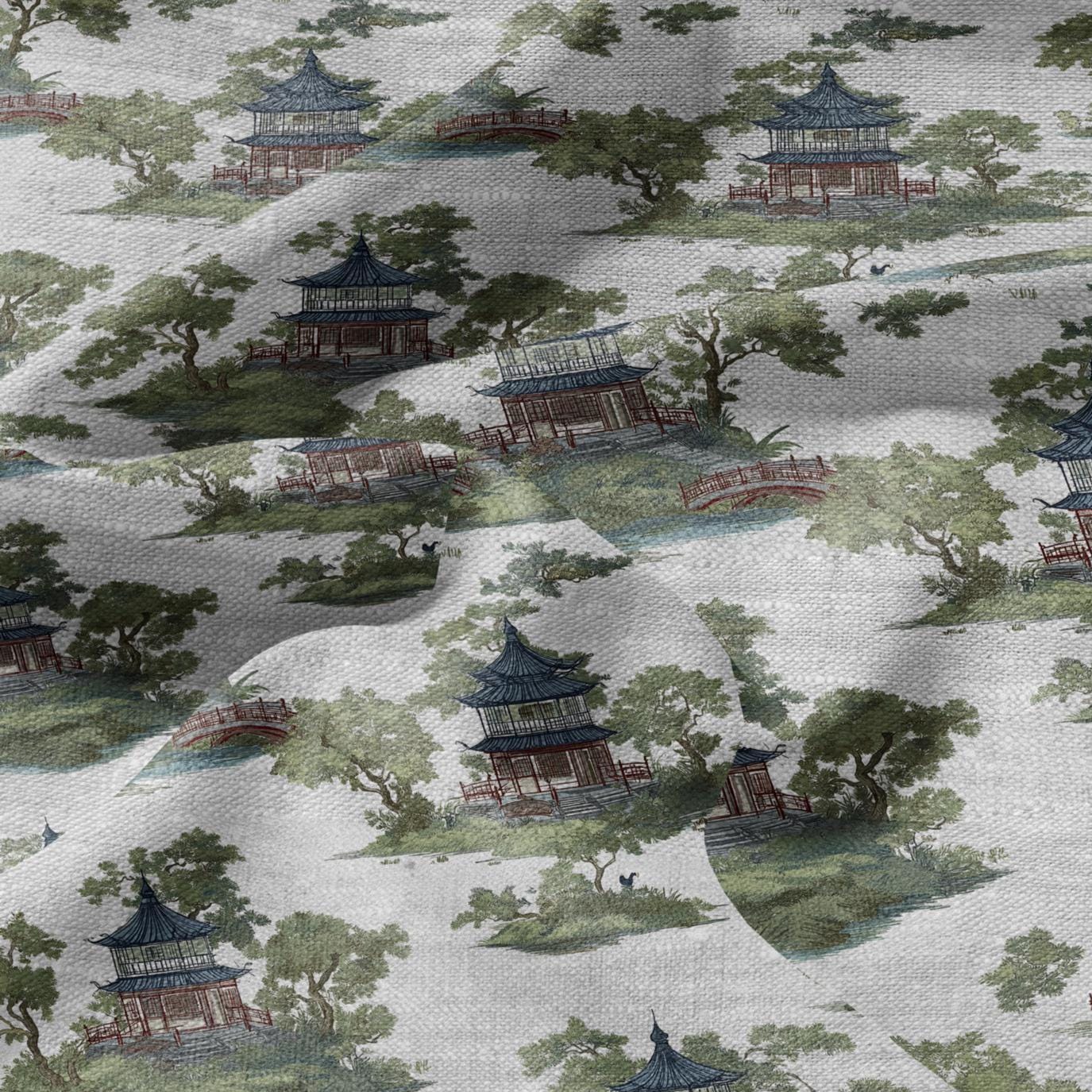 100% LINEN Fabric chinoiserie landscape - floral house print on oatmeal linen for home decor sewign dress clothing 2876