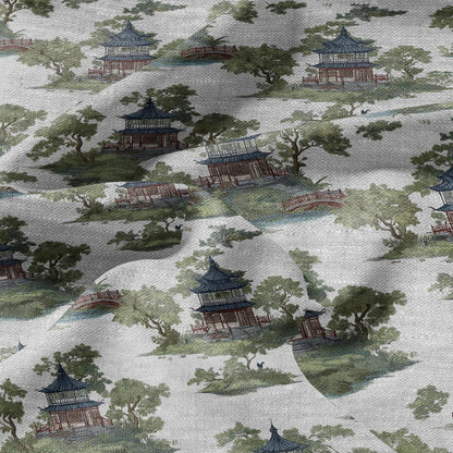 100% LINEN Fabric chinoiserie landscape - floral house print on oatmeal linen for home decor sewign dress clothing 2876
