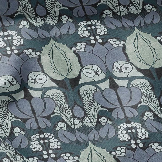 Owl Voysey blue print on 100% LINEN - Victorian Art crafts linen Fabric - botanical Historical upholstery home textile