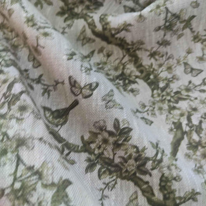 100% LINEN Fabric Toile de Jouy green, oatmeal natur linen fabric with green print, French linen fabric upholstery trees branches with birds