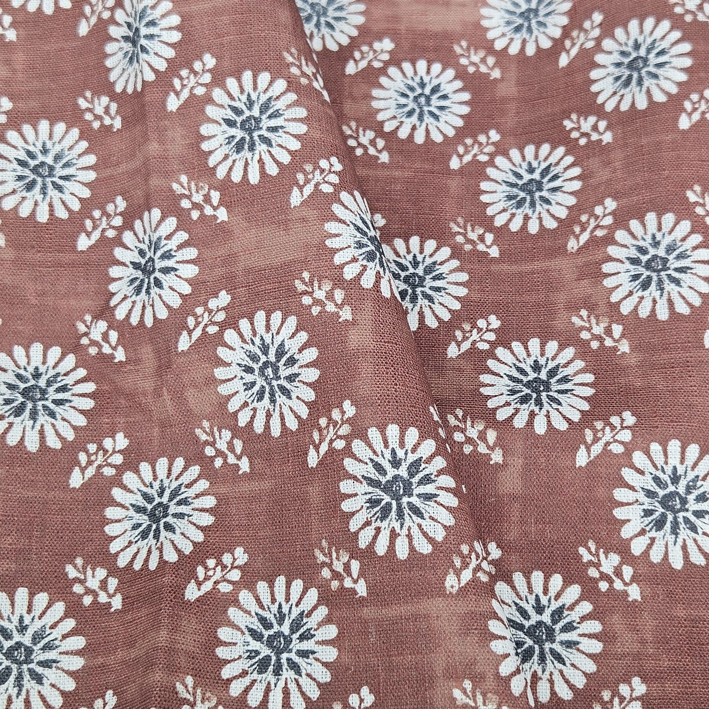 100% LINEN Fabric floral print - muddy brown white stripe block print linen heavy for upholstery home decor - medium for dress making 2808