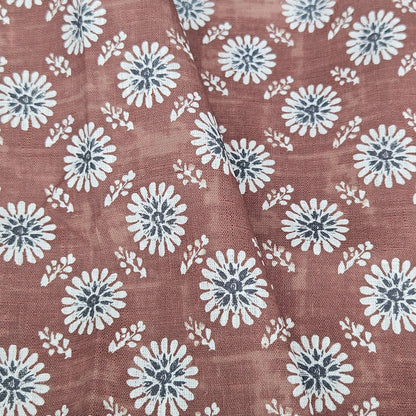 100% LINEN Fabric floral print - muddy brown white stripe block print linen heavy for upholstery home decor - medium for dress making 2808