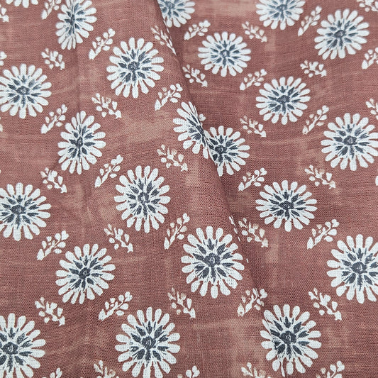 100% LINEN Fabric floral print - muddy brown white stripe block print linen heavy for upholstery home decor - medium for dress making 2808