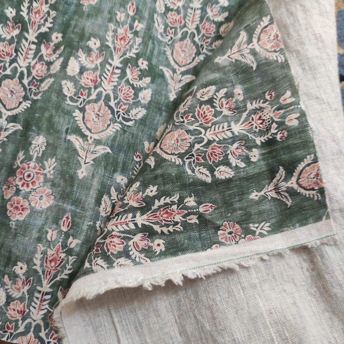 100% LINEN Fabric block print indian 3657-  oatmeal linen fabric with green floral print decor