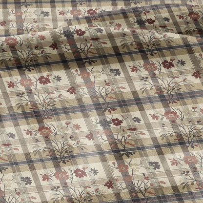100% LINEN Fabric block print Gingham floral - brown floral linen heavy for upholstery home decor - medium for dress making 2911