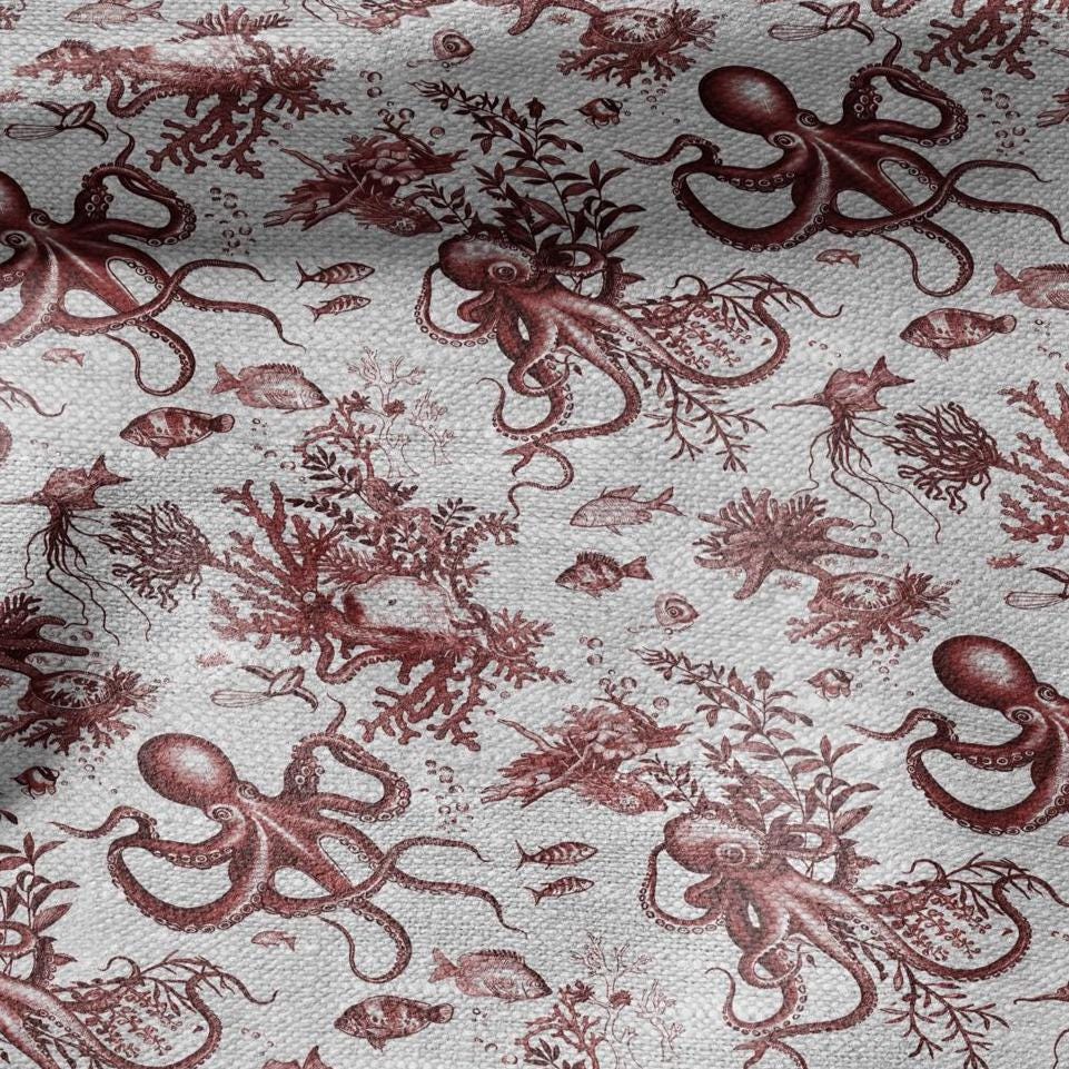 100% LINEN Fabric toile de jouy OCTOPUS Nautical print - red on oatmeal linen - coastal print for upholstery home decor clothing 306S