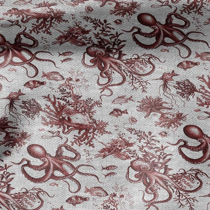 100% LINEN Fabric toile de jouy OCTOPUS Nautical print - red on oatmeal linen - coastal print for upholstery home decor clothing 306S