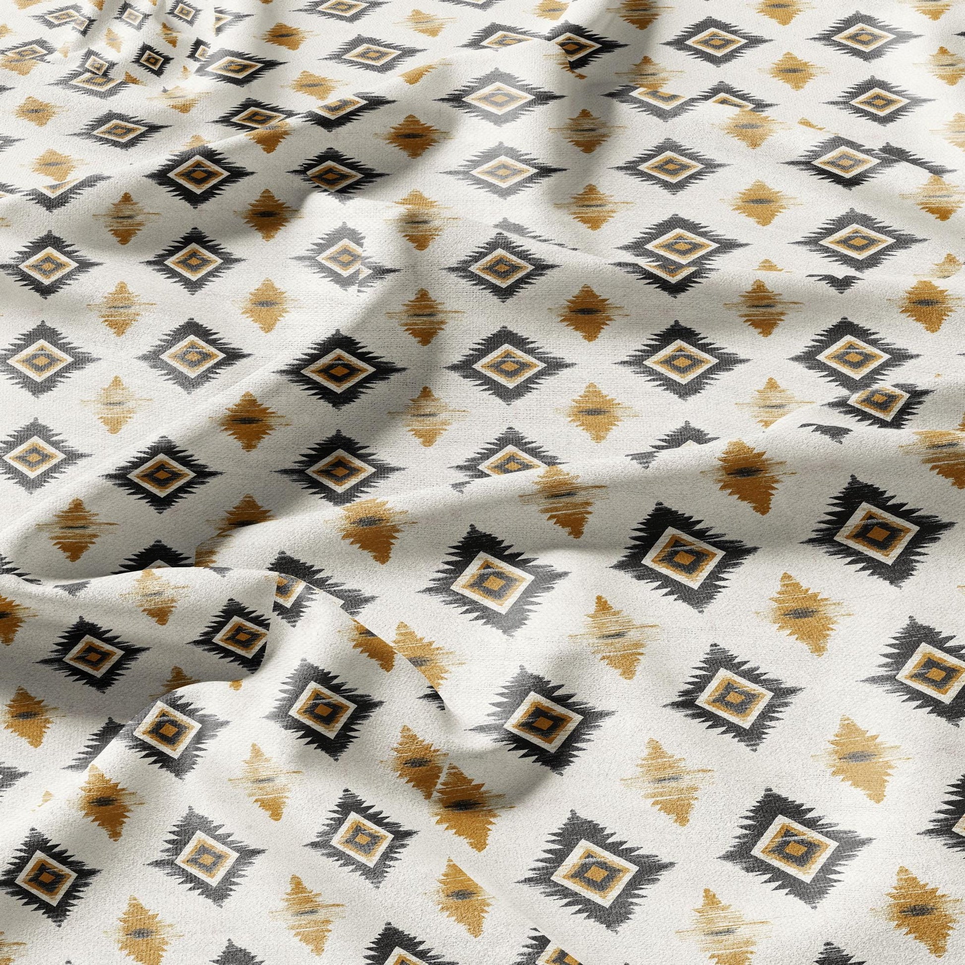 100% LINEN Fabric Abstract Western tribal pattern -  yellow ikat print on linen japandi wabi sabi linen print upholstery dress making