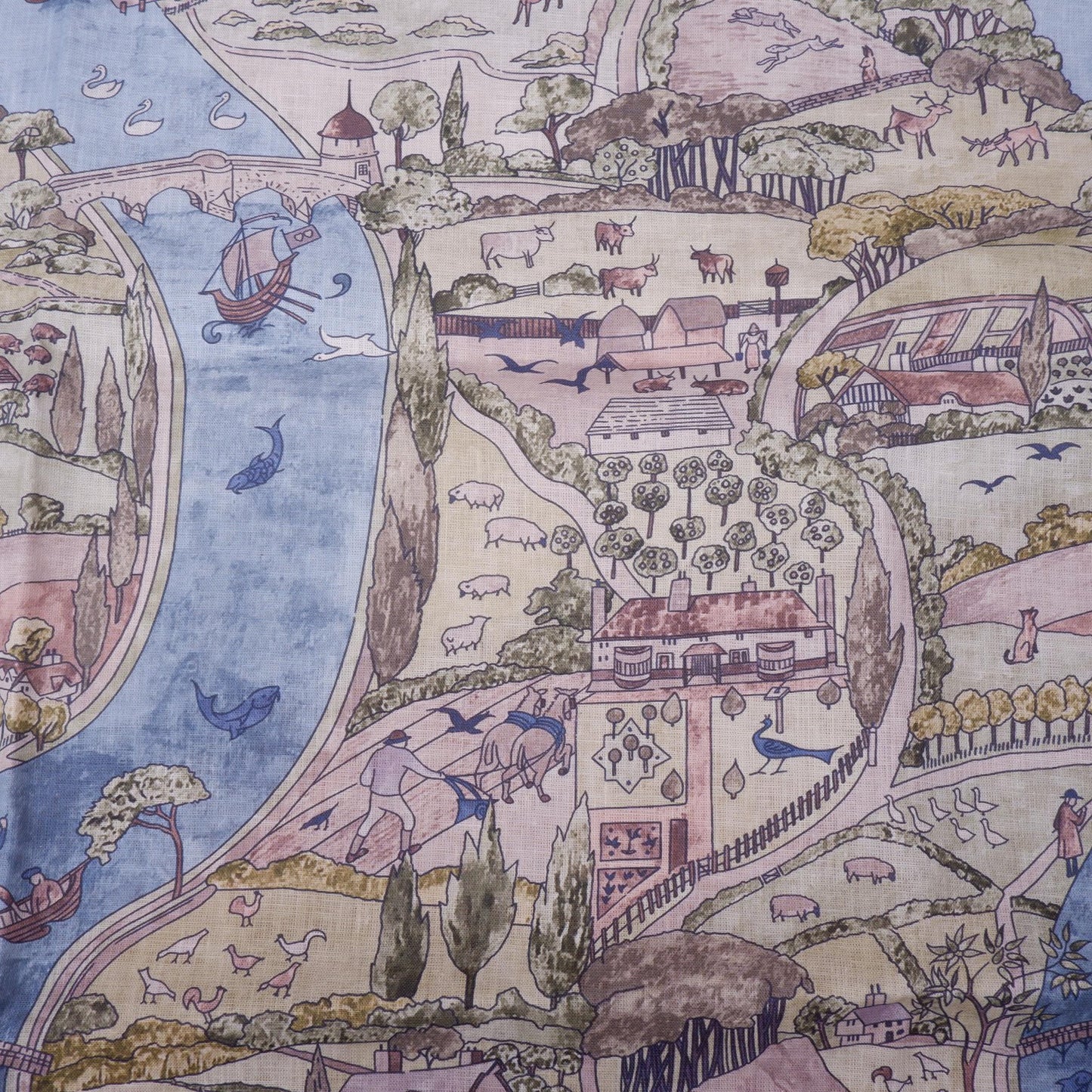 100% linen fabric - River Landscape Countryside - Victorian Art crafts - Historical pattern for upholstery dress making 2996