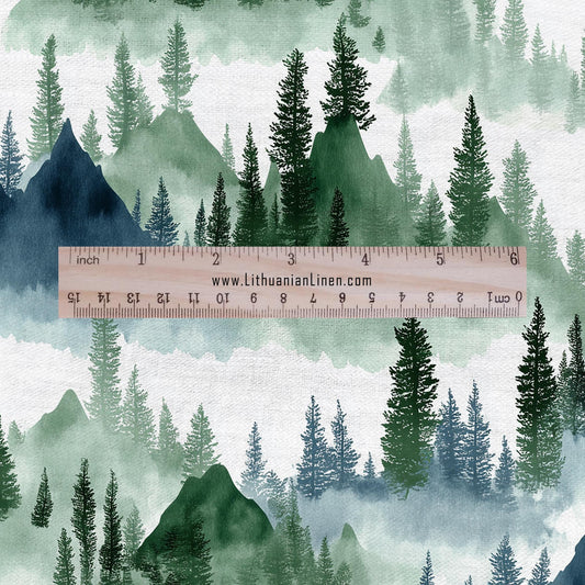 100% LINEN Fabric Forest scenery - landscape fabric with green fir print - heavy linen fabric for upholstery home decor 2807