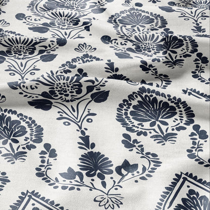 100% LINEN Fabric block print indigo blue on white -linen fabric with blue floral print heavy linen fabric for upholstery home decor 2423