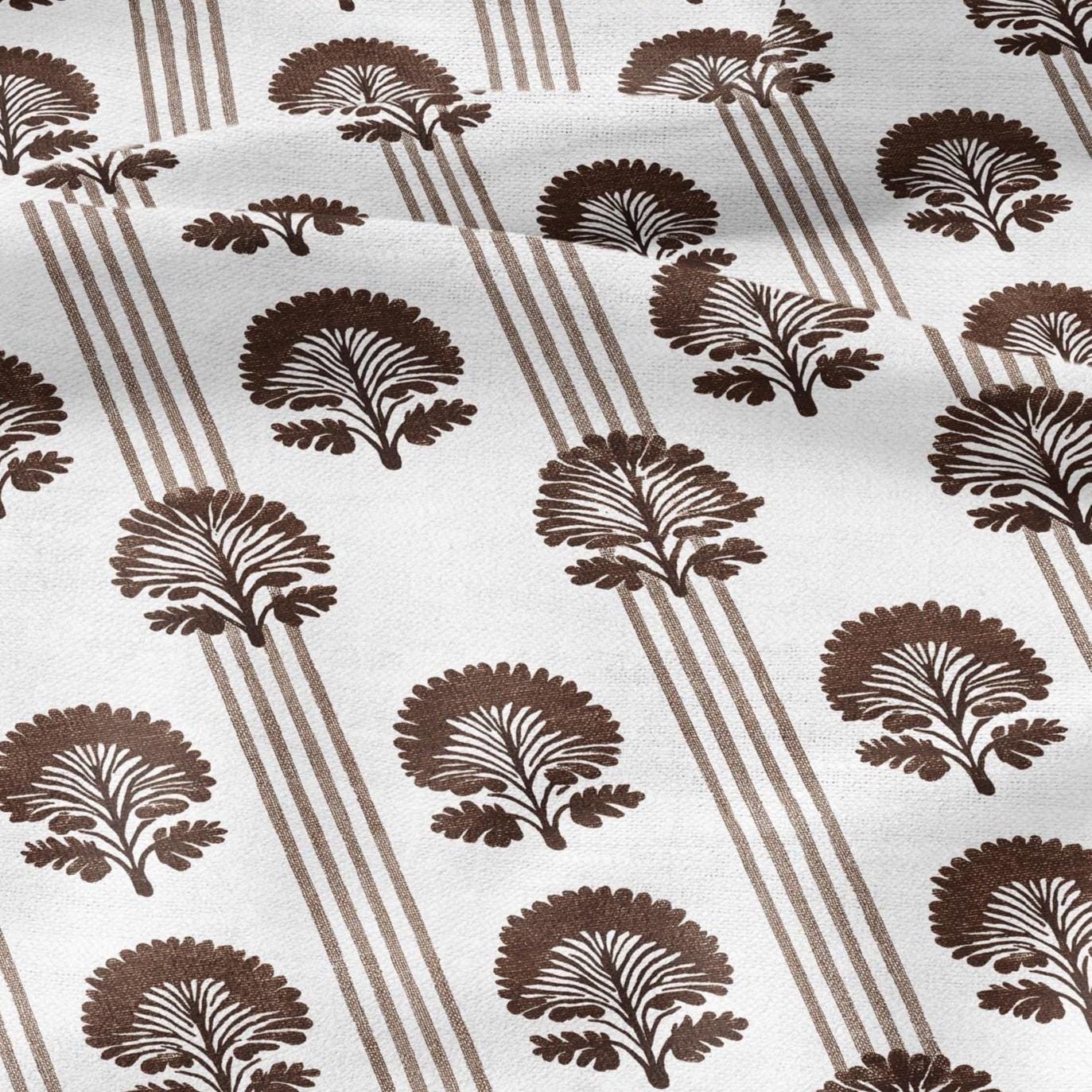 100% LINEN Fabric floral print - brown white stripe block print linen heavy for upholstery home decor - medium for dress making 2800