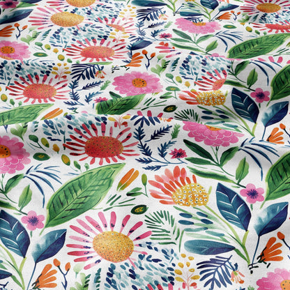 100% LINEN Fabric block print colorful bold flowers - Scandinavian Modernism floral print - heavy for upholstery medium for dressmaking 2029