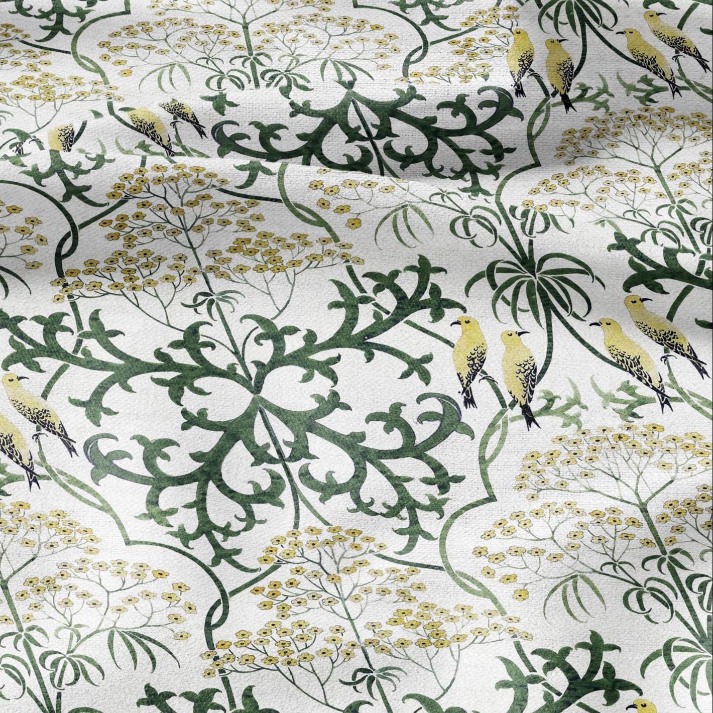 100% linen fabric - Yellow Birds in tansy field by Voysey - Victorian Art crafts - Historical pattern home decor dress making 3003