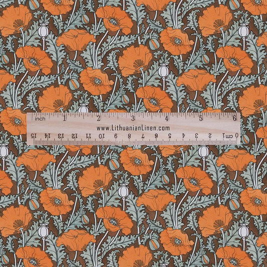 100% linen Art Nouveau Print fabric for Curtain Upholstery Cushion - Floral fabric Poppy red - for dress making sewing 2459
