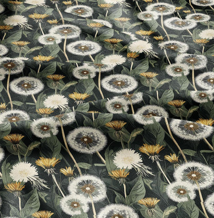 100% linen Dandelion field print - floral green yellow linen fabric Historical pattern for upholstery dress making curtains