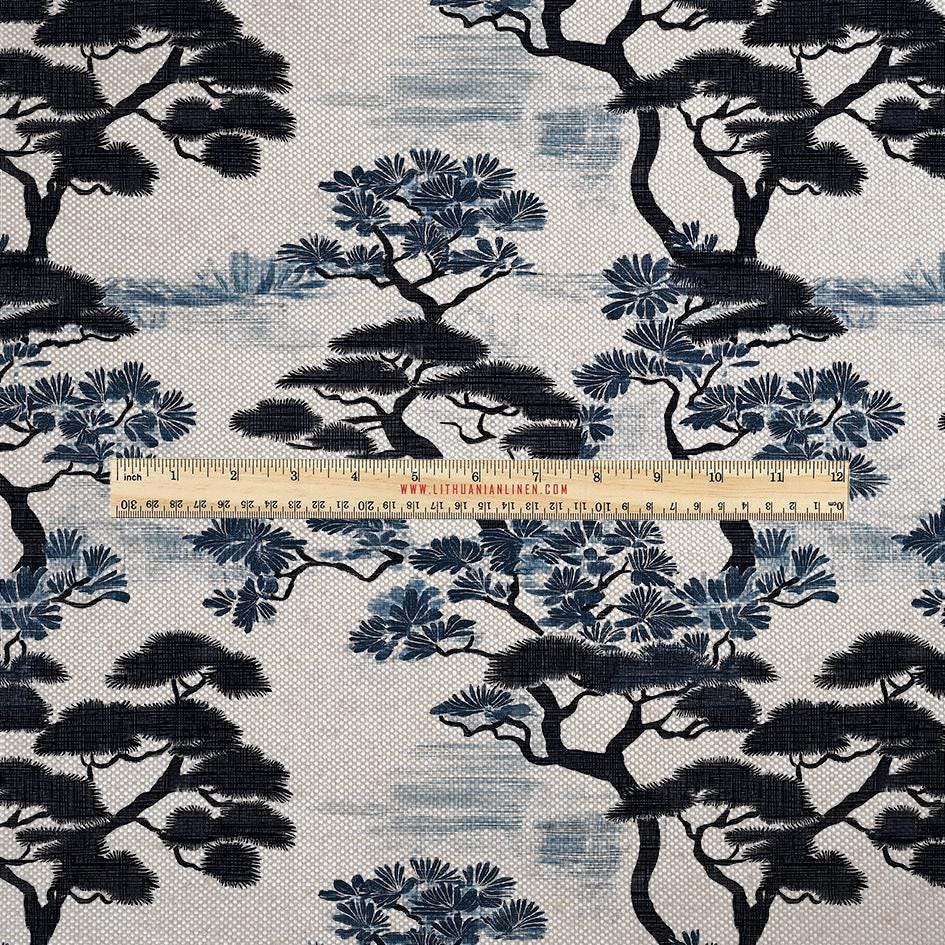 100% LINEN Fabric UPHOLSTERY 12oz - Japanese indigo blue Pine tree print on oatmeal linen - Modern vintage Japandi floral upholstery 2971