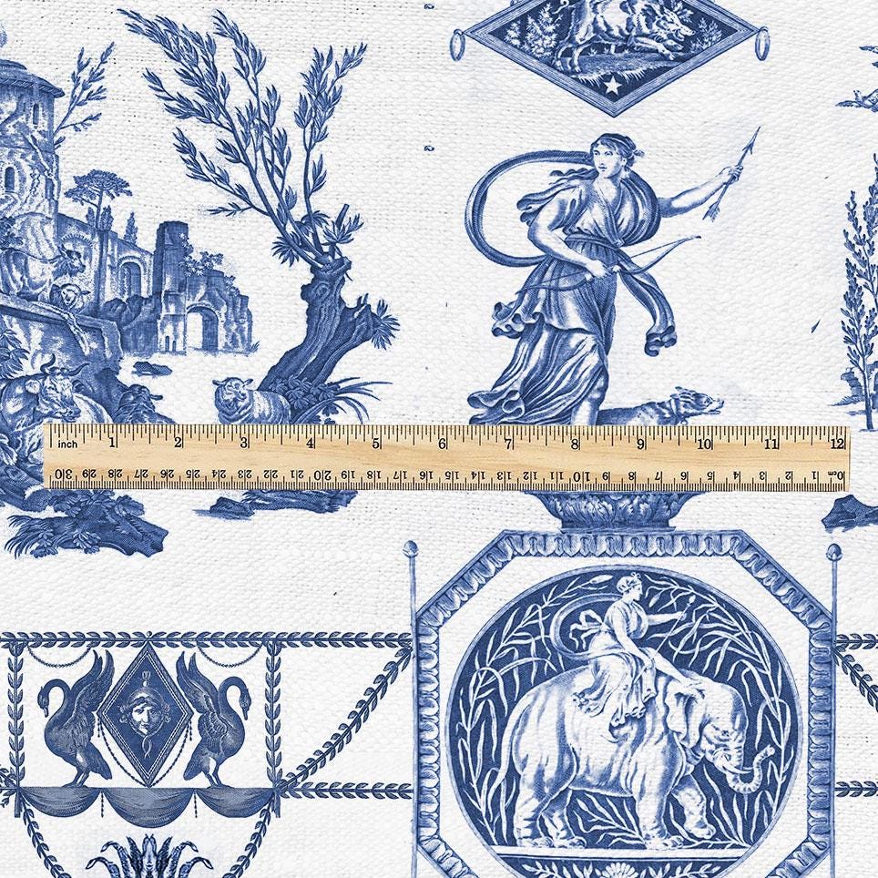 100% LINEN Fabric french blue white print - Goddess Diana with Lion - toile de jouy - Diane chasseresse by Jean-Baptiste Huet 3413