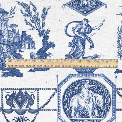 100% LINEN Fabric french blue white print - Goddess Diana with Lion - toile de jouy - Diane chasseresse by Jean-Baptiste Huet 3413