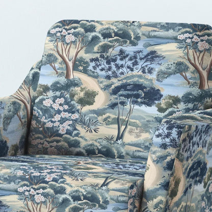 100% LINEN Fabric UPHOLSTERY 12oz - Fairy forest landscape blue green print on linen - tree blossom scenery floral upholstery 2280