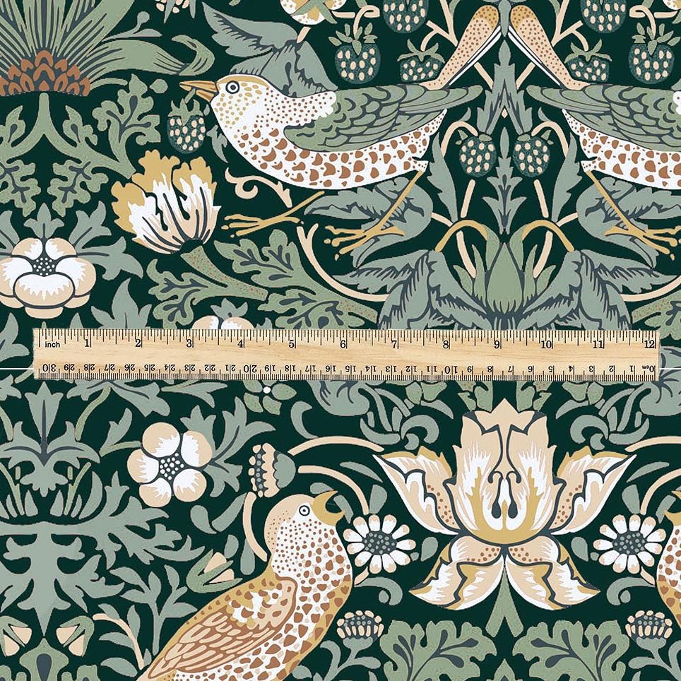 100% LINEN fabric - William Morris Strawberry thief green - British Victorian Art Craft flax - sewing home decor or clothing 3864