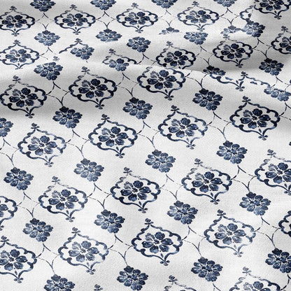 100% LINEN Fabric Greek blue flower print on white linen - Floral print flax fabric for uphlstery heavy / medium for clothing 2574