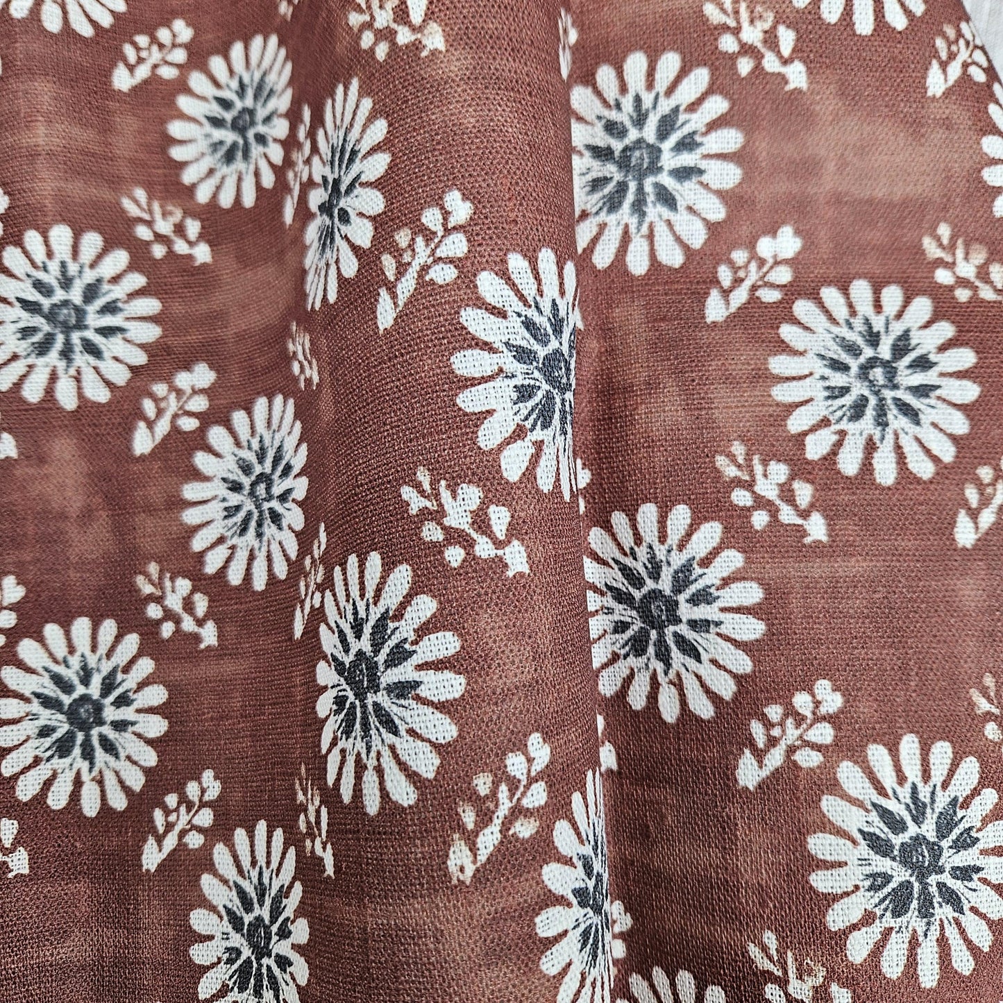 100% LINEN Fabric floral print - muddy brown white stripe block print linen heavy for upholstery home decor - medium for dress making 2808