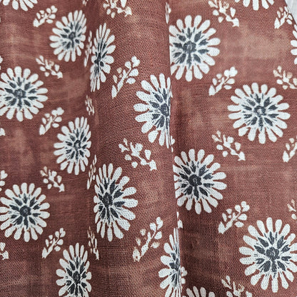 100% LINEN Fabric floral print - muddy brown white stripe block print linen heavy for upholstery home decor - medium for dress making 2808