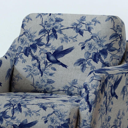 100% LINEN Fabric UPHOLSTERY 12oz - hummingbird floral blue print on linen - Modern vintage marine toile de jouy upholstery 2281