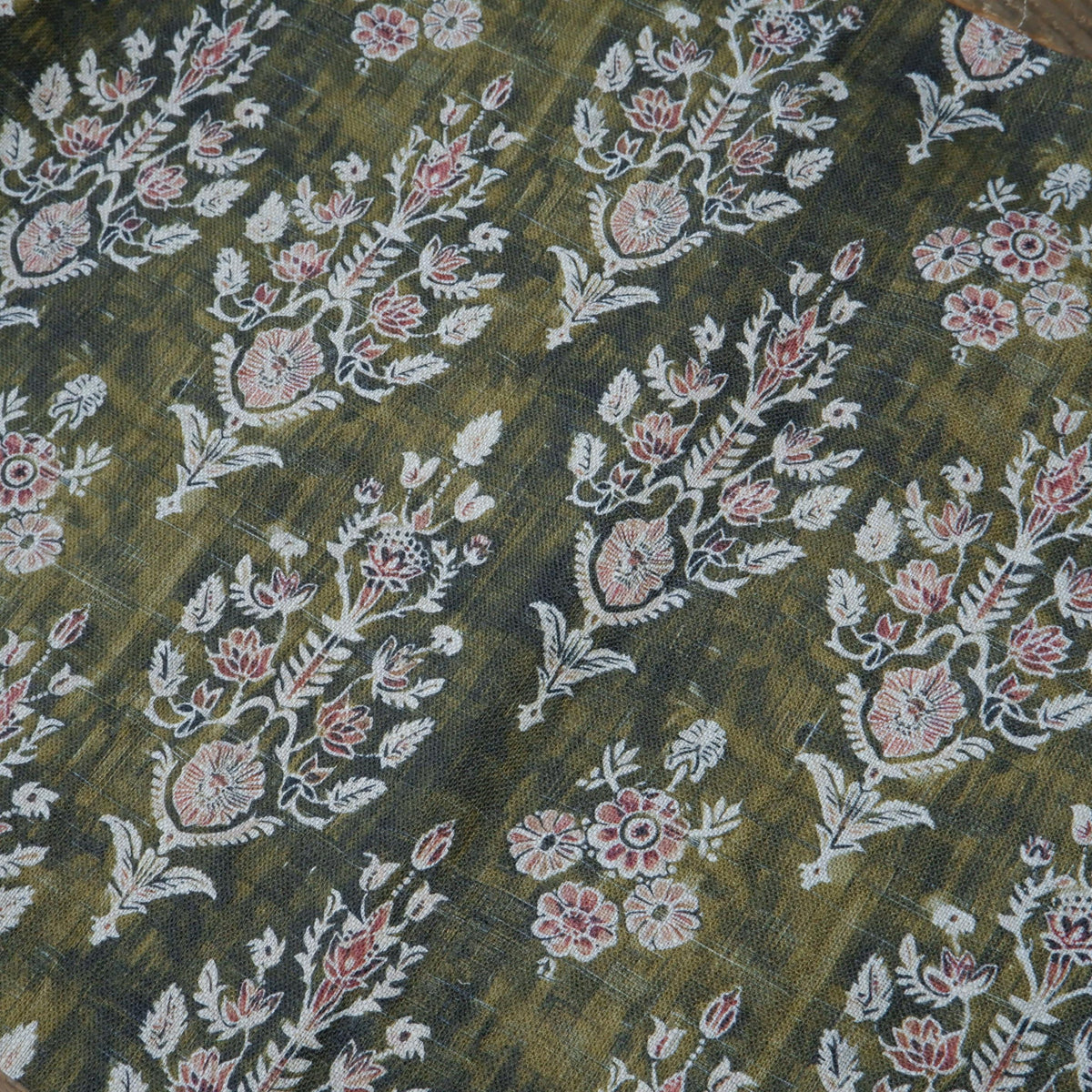 100% LINEN Fabric block print indian khaki green 3659 -  oatmeal linen fabric with green floral print decor