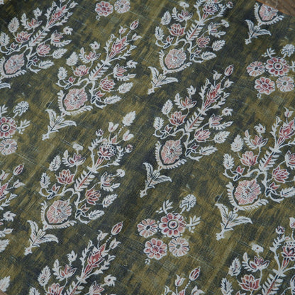 100% LINEN Fabric block print indian khaki green 3659 -  oatmeal linen fabric with green floral print decor