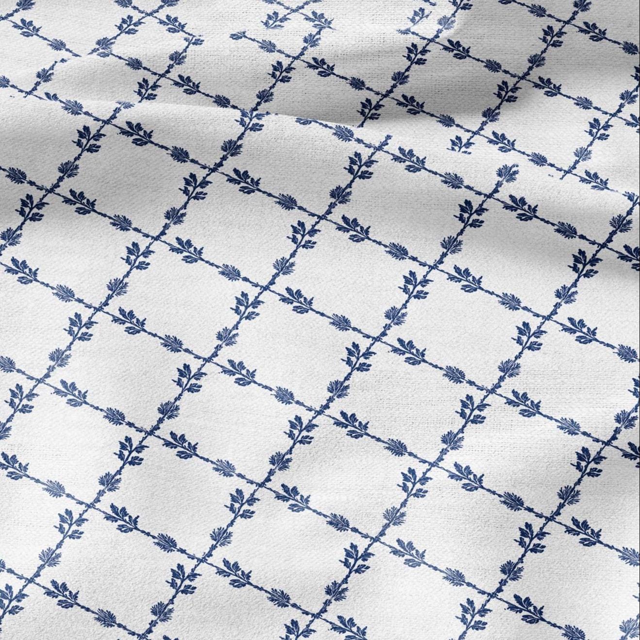 100% LINEN Fabric Herritage Lattice blue print - on oatmeal or white linen for upholstery curtains dress making 2953