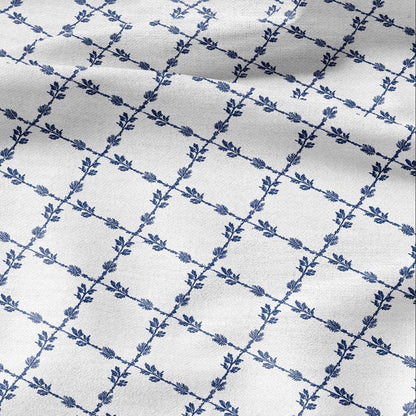 100% LINEN Fabric Herritage Lattice blue print - on oatmeal or white linen for upholstery curtains dress making 2953