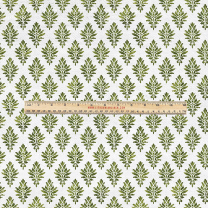 100% LINEN Fabric UPHOLSTERY 12oz - Kensi green block print on white - Modern Vintage Victorian floral upholstery 302