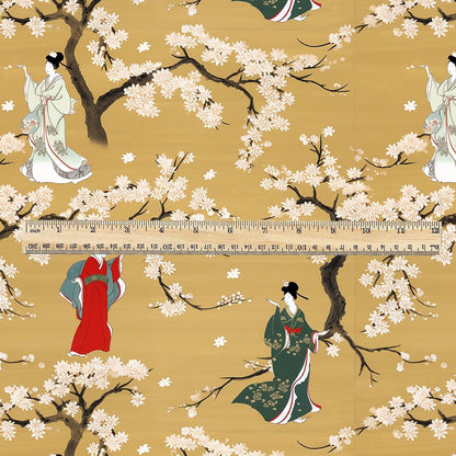 100% LINEN Fabric oriental print with geisha in cherry blossom -  botanical  heavy linen fabric for upholstery home decor 2770